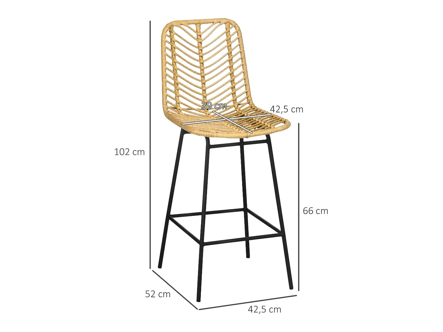 Banco* Conjunto de 2 bancos de bar com encosto estilo boho, rattan PE, incluindo apoio para os pés, + preto Amarelo