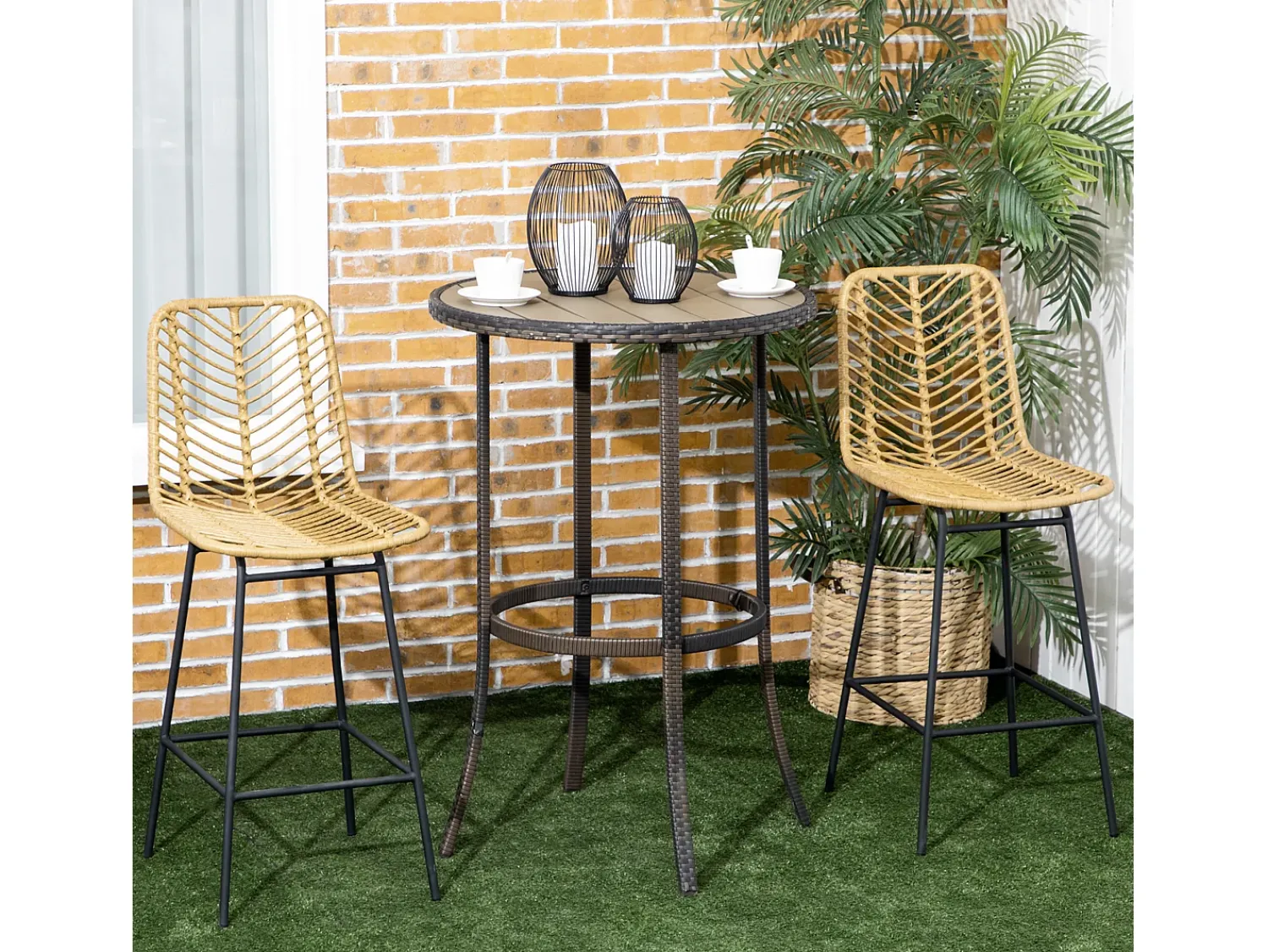 Banco* Conjunto de 2 bancos de bar com encosto estilo boho, rattan PE, incluindo apoio para os pés, + preto Amarelo