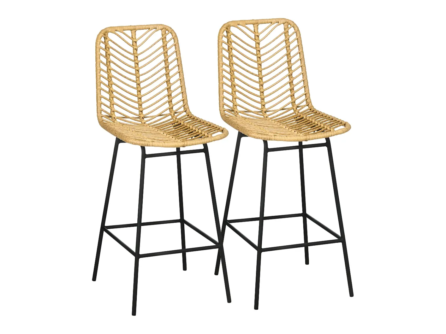 Banco* Conjunto de 2 bancos de bar com encosto estilo boho, rattan PE, incluindo apoio para os pés, + preto Amarelo