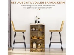 Banco* Conjunto de 2 bancos de bar com encosto estilo boho, rattan PE, incluindo apoio para os pés, + preto Amarelo