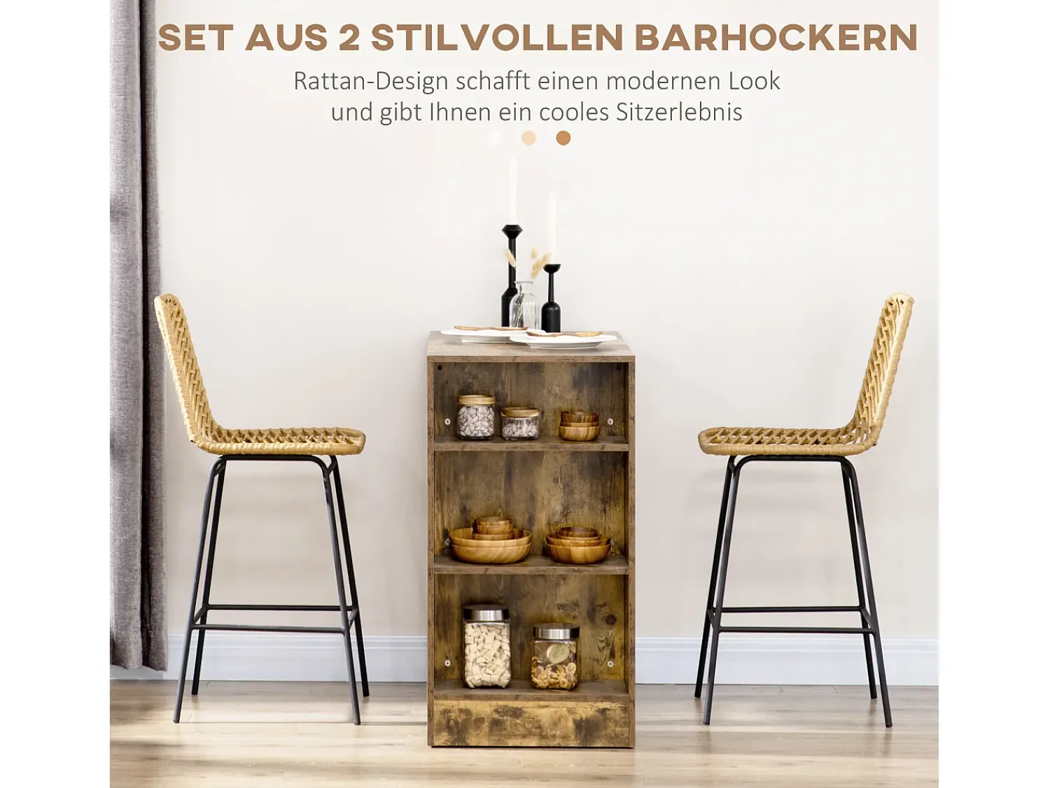 Banco* Conjunto de 2 bancos de bar com encosto estilo boho, rattan PE, incluindo apoio para os pés, + preto Amarelo