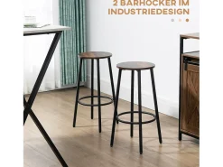 Banco* Conjunto de 2 bancos de bar, design industrial, com apoio para os pés, estrutura metálica, até 120 kg, Castanho