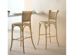 New Conjunto de 2 bancos de madeira de olmo com assento e encosto entrançados Castanho