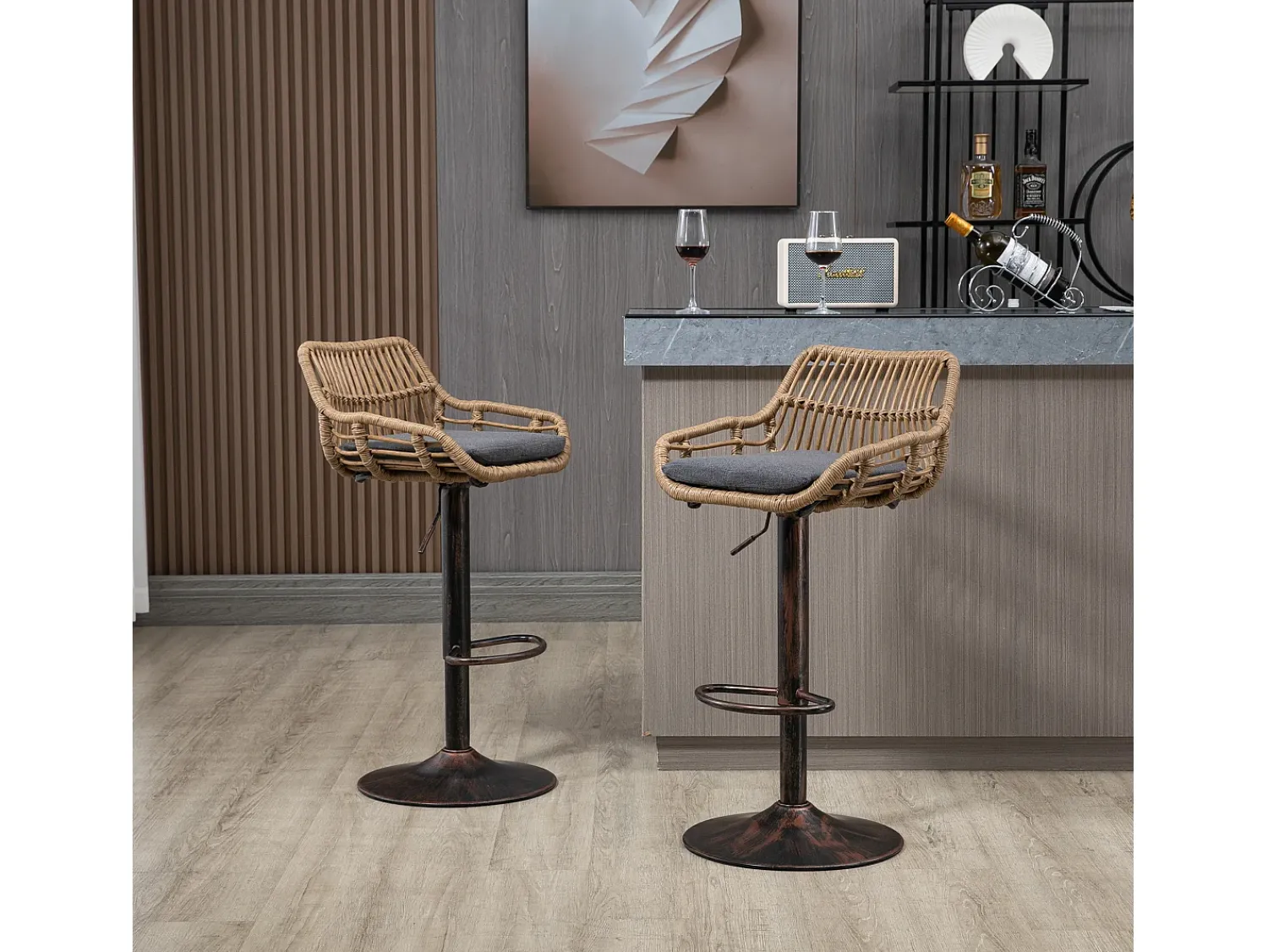Hauss Spole Conjunto de 2 banquetas ajustáveis - Estrutura em metal e encosto em rattan - Almofada em linho^ Banco