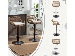 Banco*Hauss Spole Conjunto de 2 banquetas ajustáveis - Estrutura em metal e encosto em rattan - Almofada em linho Bege