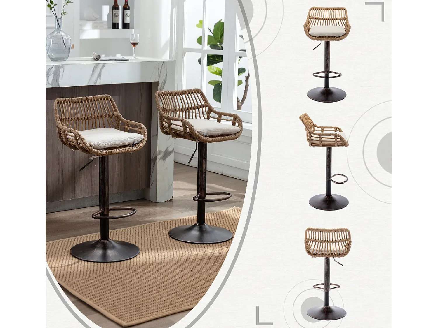 Banco*Hauss Spole Conjunto de 2 banquetas ajustáveis - Estrutura em metal e encosto em rattan - Almofada em linho Bege