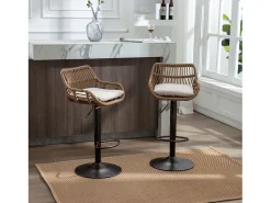 Banco*Hauss Spole Conjunto de 2 banquetas ajustáveis - Estrutura em metal e encosto em rattan - Almofada em linho Bege