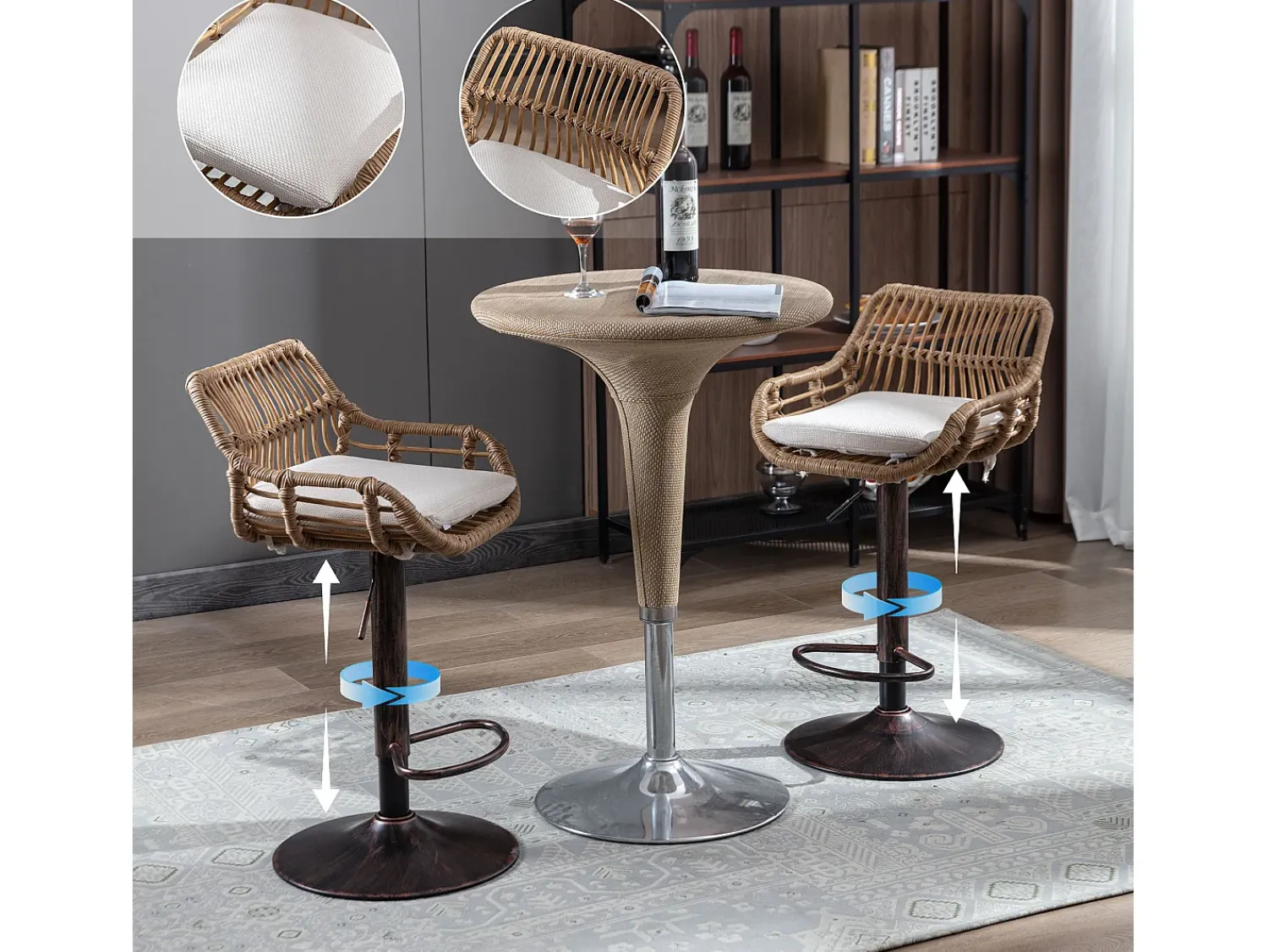 Banco*Hauss Spole Conjunto de 2 banquetas ajustáveis - Estrutura em metal e encosto em rattan - Almofada em linho Bege