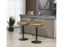 Banco|Hauss Spole Conjunto de 2 banquetas ajustáveis - Estrutura em metal e encosto em rattan - Almofada de linho Verde