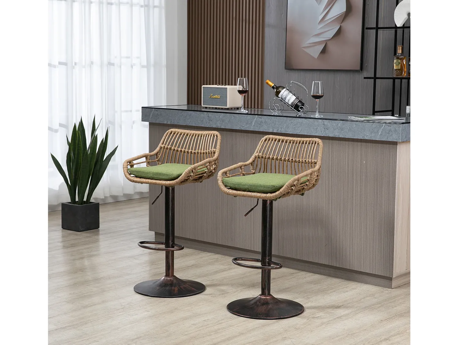 Banco|Hauss Spole Conjunto de 2 banquetas ajustáveis - Estrutura em metal e encosto em rattan - Almofada de linho Verde