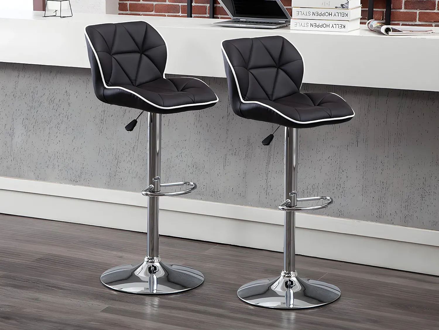 New Vente-unique Conjunto de 2 banquetas de bar em couro sintético e aço cromado - Altura ajustável - - CALVIN Preto