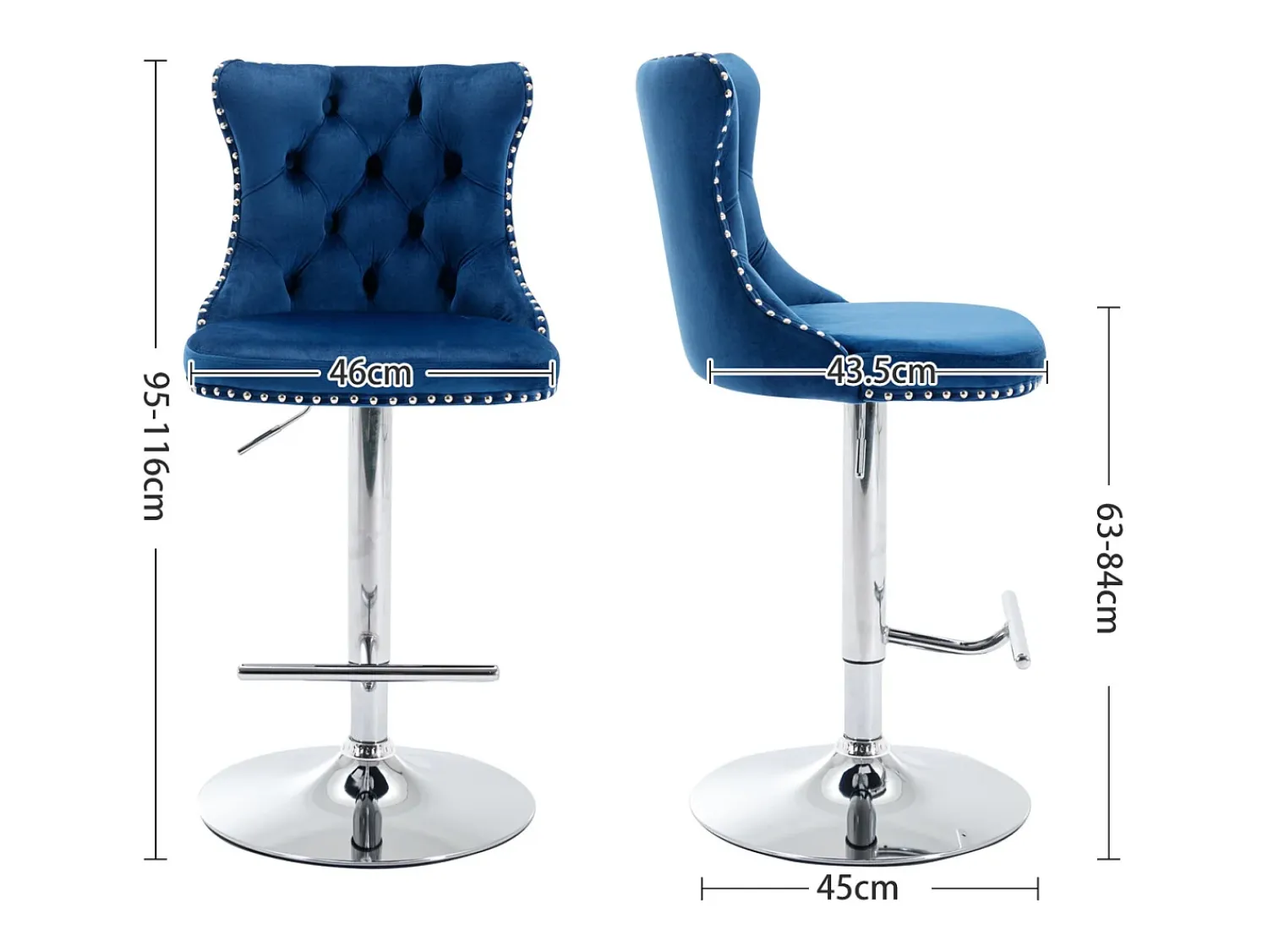 Best Hauss Spole Conjunto de 2 banquetas giratórias em veludo - Altura regulável de 63,5 a 84 cm - e prateado Azul