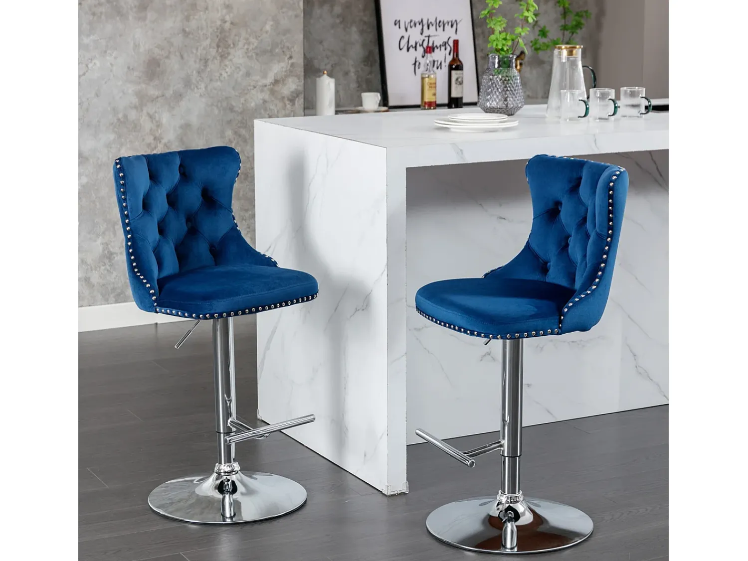 Best Hauss Spole Conjunto de 2 banquetas giratórias em veludo - Altura regulável de 63,5 a 84 cm - e prateado Azul