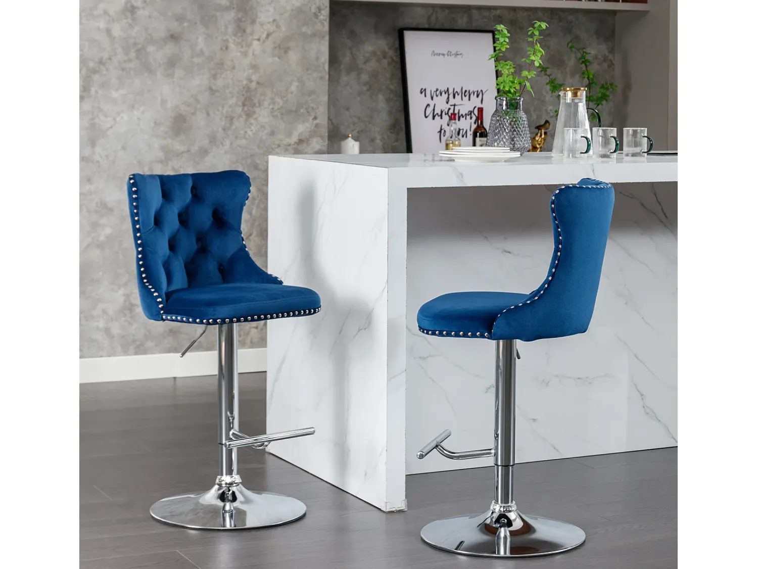 Best Hauss Spole Conjunto de 2 banquetas giratórias em veludo - Altura regulável de 63,5 a 84 cm - e prateado Azul