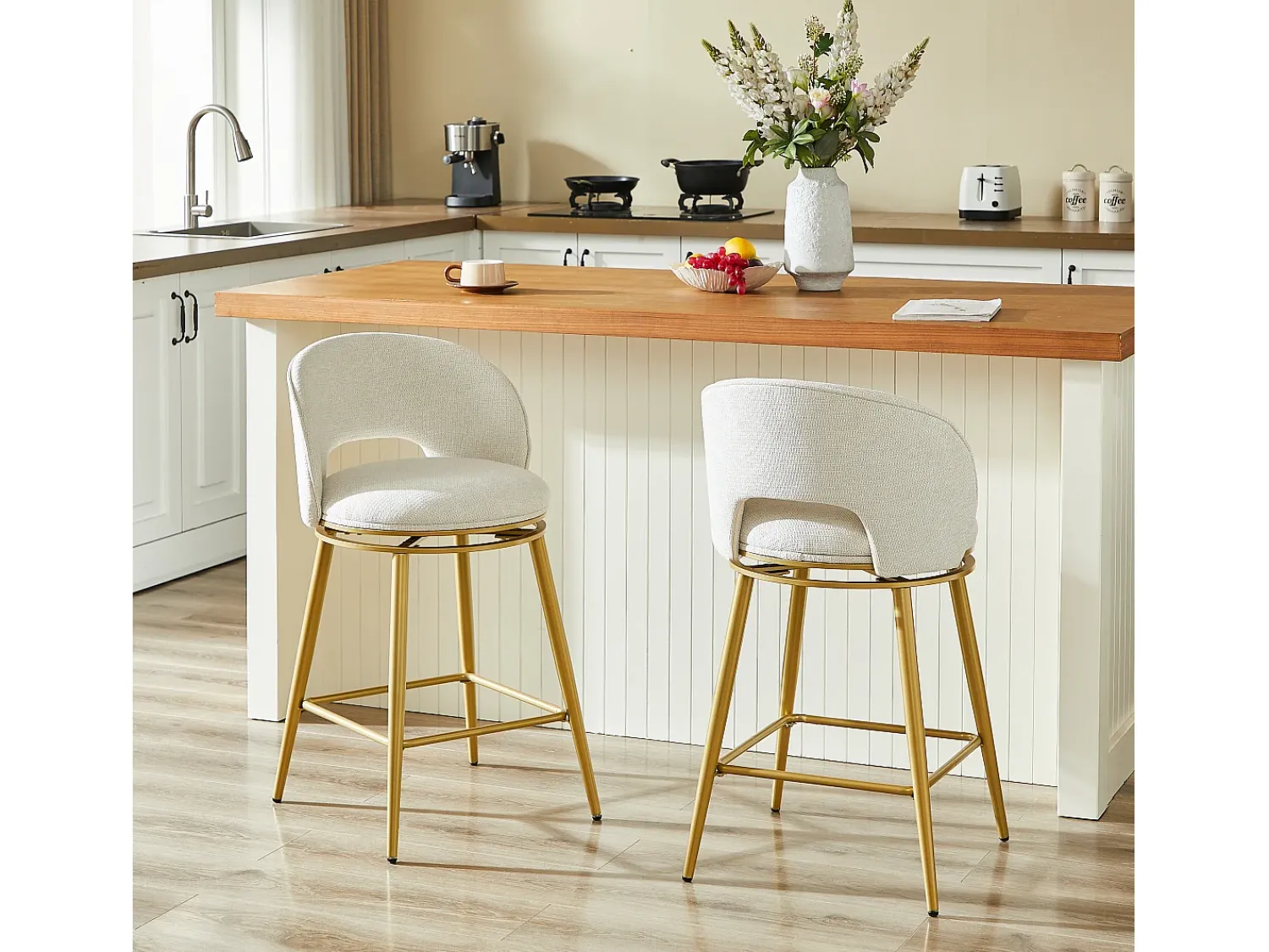 Discount Hauss Spole Conjunto de 2 banquetas giratórias em tecido chenille - Estrutura em metal dourado Bege