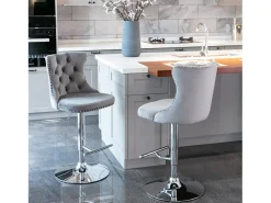 Banco*Hauss Spole Conjunto de 2 banquetas giratórias em veludo - Altura regulável de 63,5 a 84 cm - Cinza e prateado Cinzento