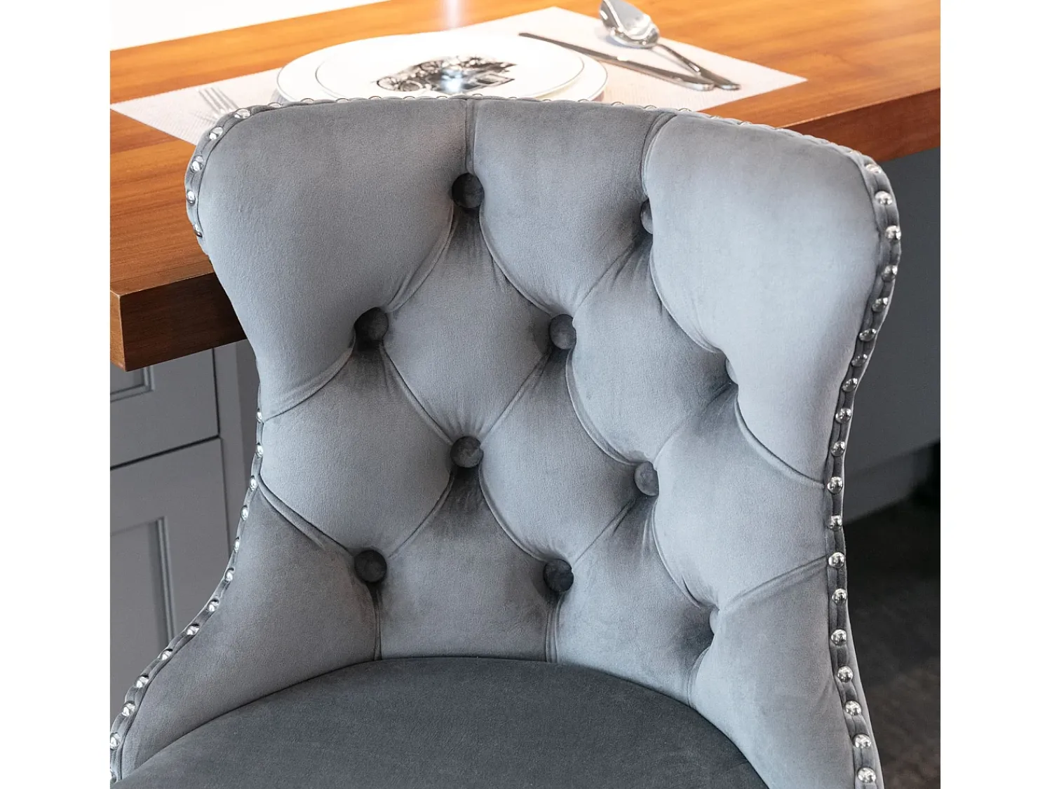 Banco*Hauss Spole Conjunto de 2 banquetas giratórias em veludo - Altura regulável de 63,5 a 84 cm - Cinza e prateado Cinzento