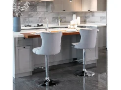 Banco*Hauss Spole Conjunto de 2 banquetas giratórias em veludo - Altura regulável de 63,5 a 84 cm - Cinza e prateado Cinzento