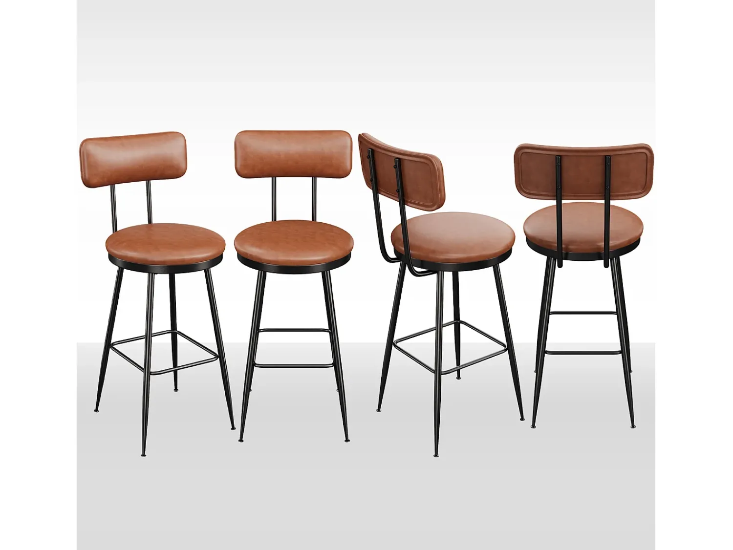 Conjunto de 4 cadeiras de bar com encosto, couro sintético marrom, altura do assento 65 cm Castanho