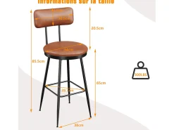 Banco| Conjunto de 2 cadeiras de bar modernas – Encosto, couro sintético marrom, estrutura de metal, altura 65 cm Castanho