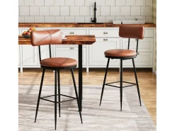 Banco| Conjunto de 2 cadeiras de bar modernas – Encosto, couro sintético marrom, estrutura de metal, altura 65 cm Castanho