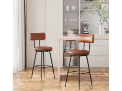 Banco| Conjunto de 2 cadeiras de bar modernas – Encosto, couro sintético marrom, estrutura de metal, altura 65 cm Castanho