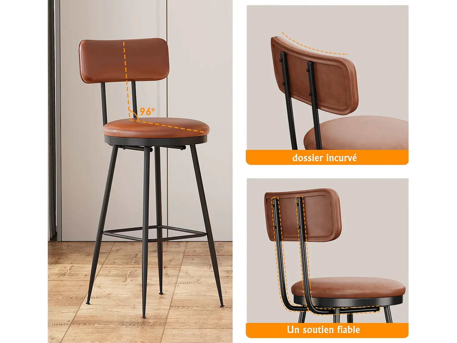 Banco| Conjunto de 4 cadeiras de bar – Encosto, couro sintético marrom, altura 65 cm Castanho