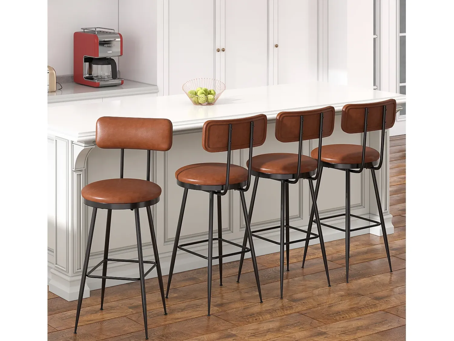 Banco| Conjunto de 4 cadeiras de bar – Encosto, couro sintético marrom, altura 65 cm Castanho