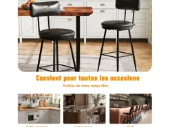 Banco| Conjunto de 2 cadeiras de balcão – , couro sintético, altura 65 cm, para cozinha Preto