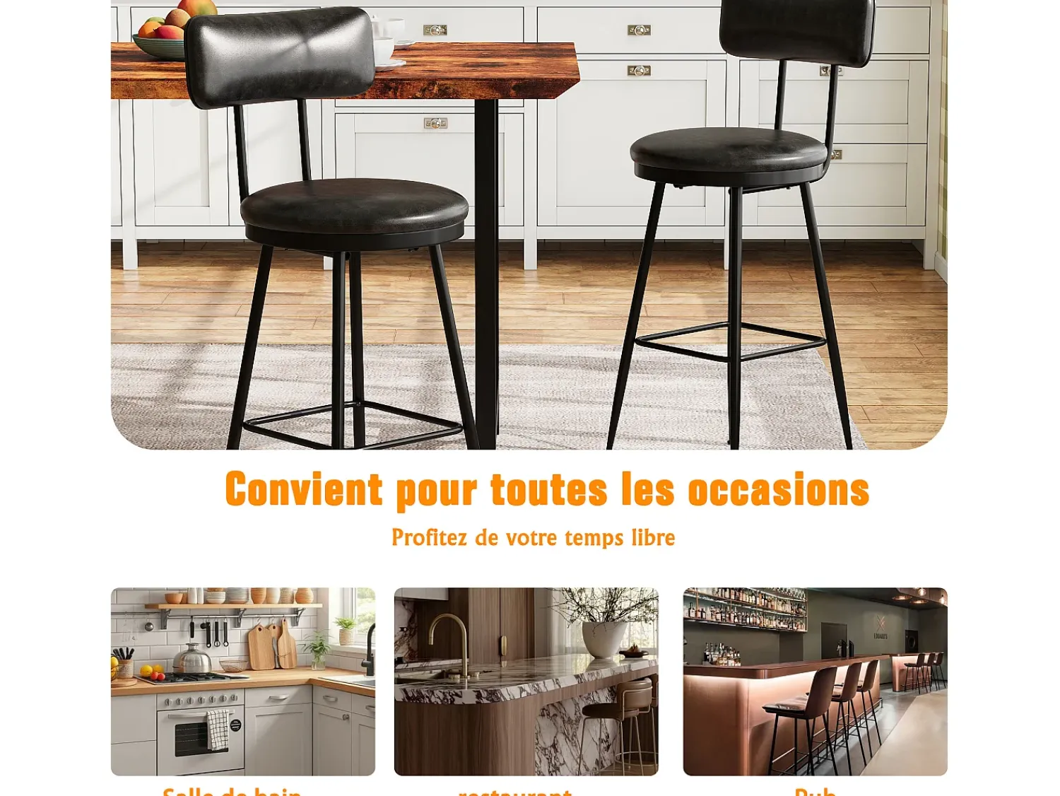 Banco| Conjunto de 2 cadeiras de balcão – , couro sintético, altura 65 cm, para cozinha Preto