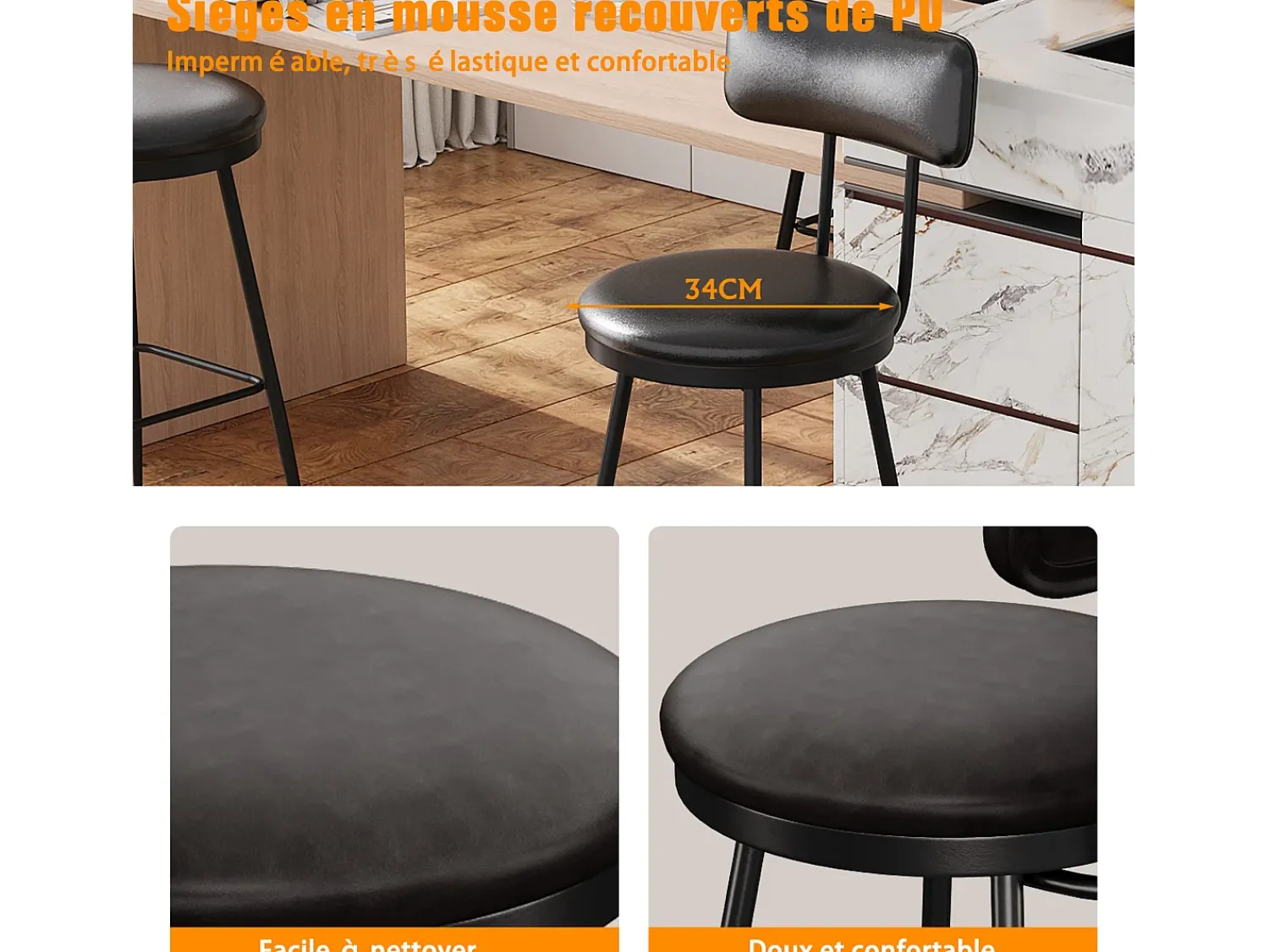 Banco| Conjunto de 2 cadeiras de balcão – , couro sintético, altura 65 cm, para cozinha Preto