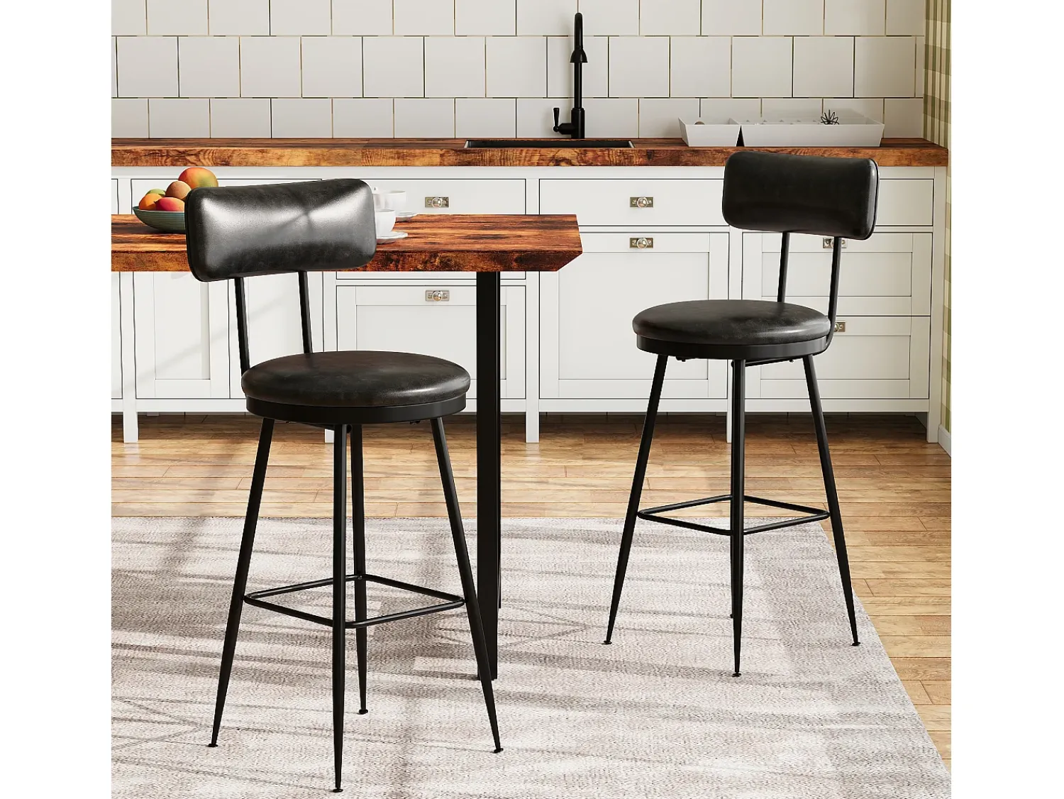 Banco| Conjunto de 2 cadeiras de balcão – , couro sintético, altura 65 cm, para cozinha Preto