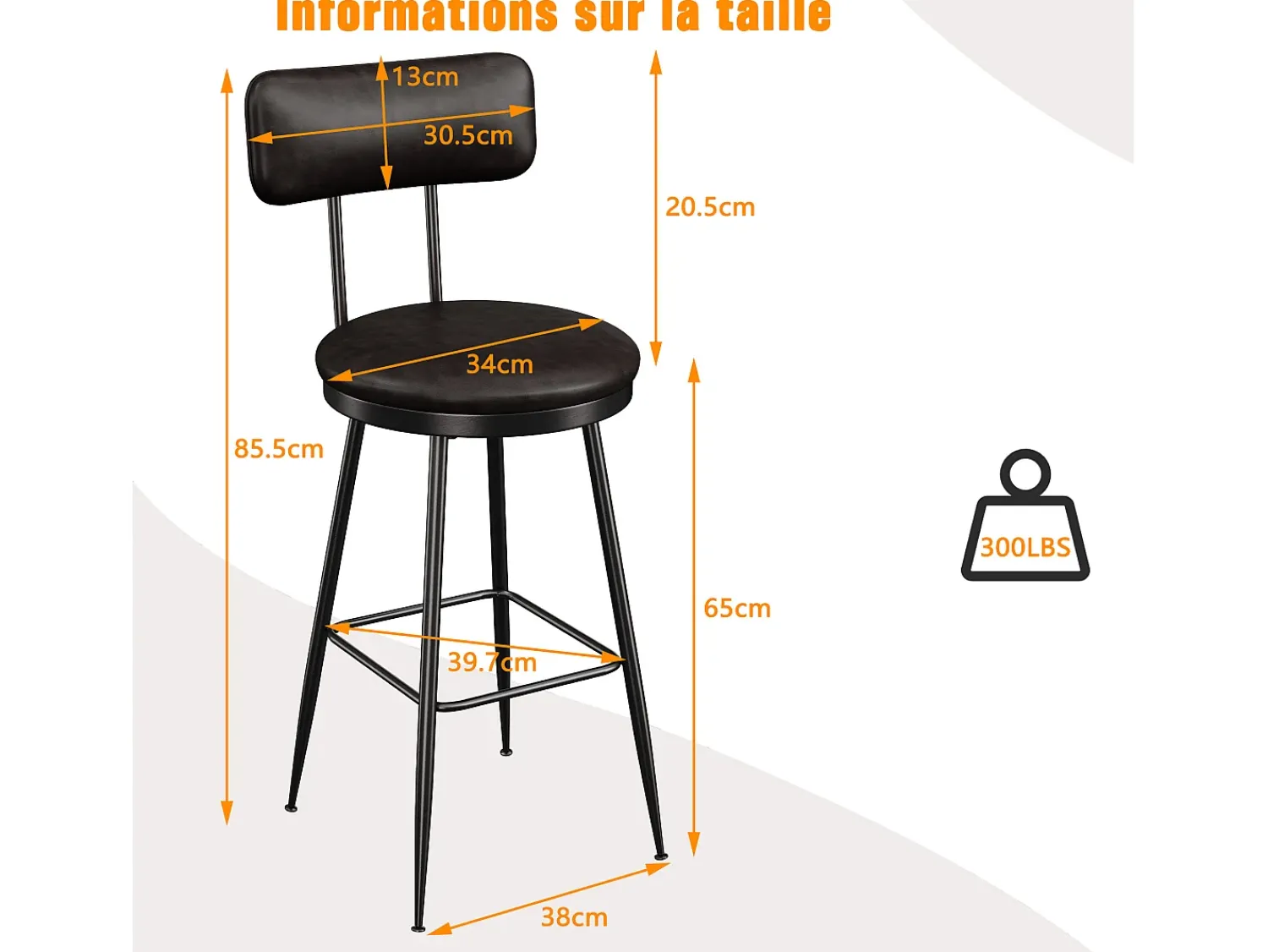 Banco| Conjunto de 2 cadeiras de balcão – , couro sintético, altura 65 cm, para cozinha Preto