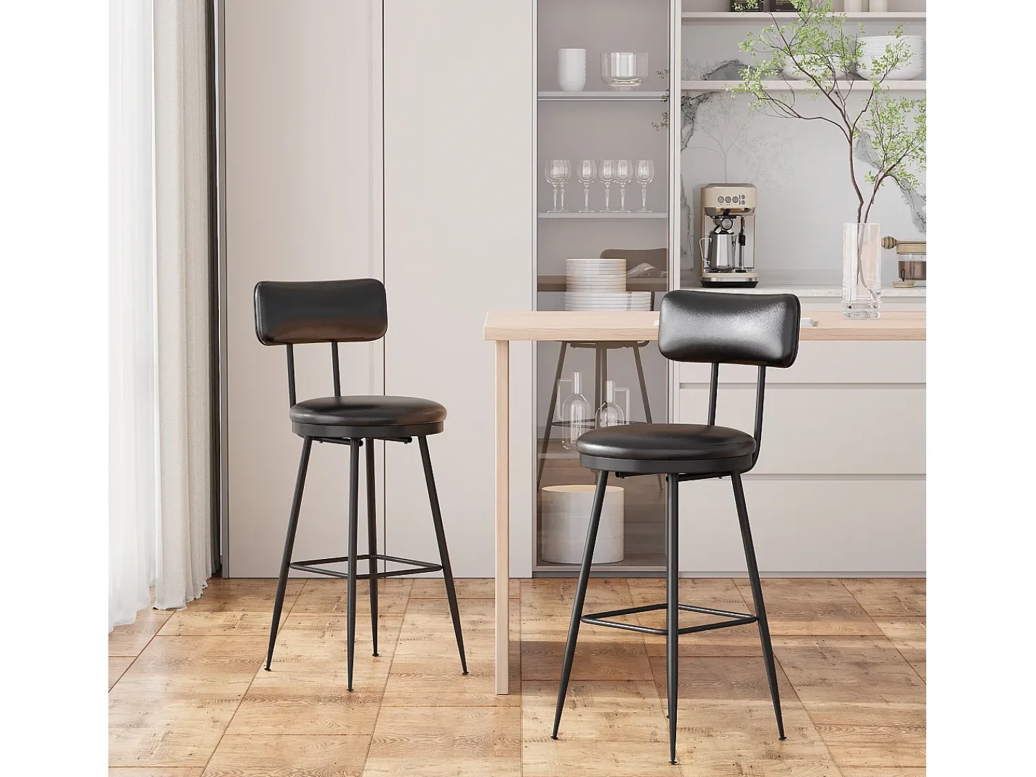 Banco| Conjunto de 2 cadeiras de balcão – , couro sintético, altura 65 cm, para cozinha Preto