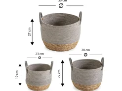 VS Venta-stock Conjunto de 3 cestas Neves de fibra natural e papel, cinza/natural.^ Acessórios De Arrumação|Cesto