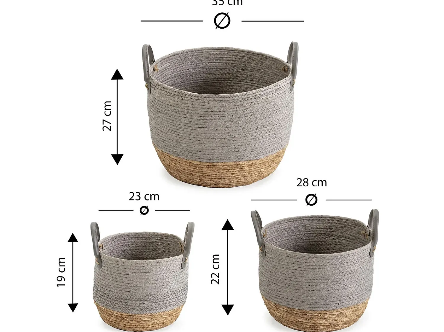 VS Venta-stock Conjunto de 3 cestas Neves de fibra natural e papel, cinza/natural.^ Acessórios De Arrumação|Cesto