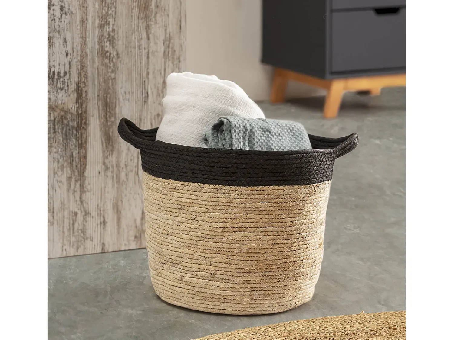 Sale VS Venta-stock Conjunto de 3 cestas Otilia de fibra natural e papel, /bege com alças. Preto
