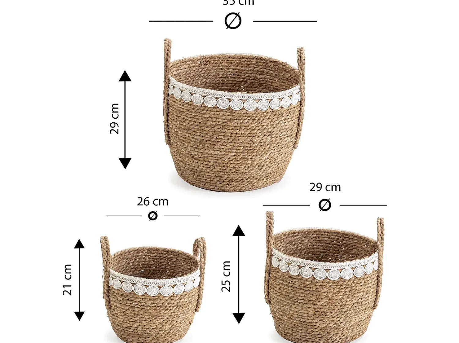 VS Venta-stock Conjunto de 3 cestas Yasmina de fibra natural com alças, /natural.^ Acessórios De Arrumação|Cesto