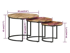 Mesa De Centro|vidaxl Conjunto de 3 mesas de apoio redondas em madeira de manga bruta - design contemporâneo, acabamento natural, economiza espaço Castanho