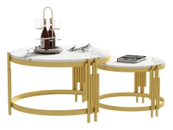 Mesa De Centro*ModernLuxe Conjunto de 2 mesas de centro encaixáveis - efeito mármore - estrutura metálica - e Dourado Branco