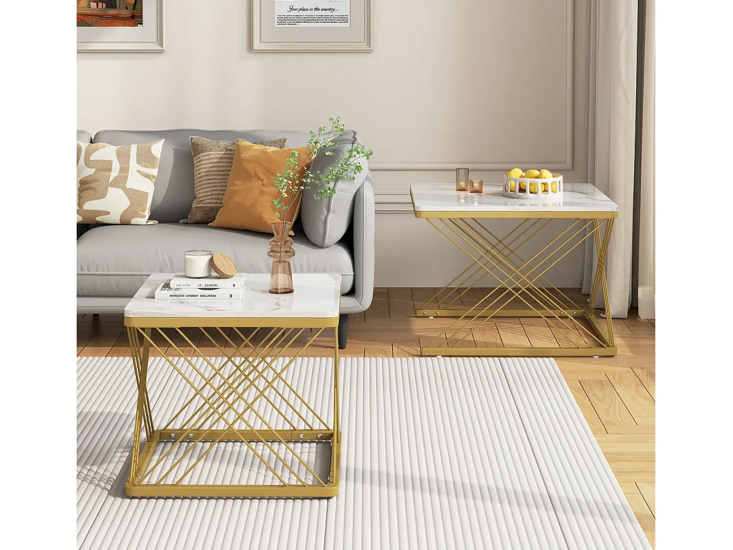 Online Merax Conjunto de 2 mesas de centro quadradas - 60x60x45 +45x45x40 cm - Efeito mármore - Madeira MDF e metal - + dourado Branco