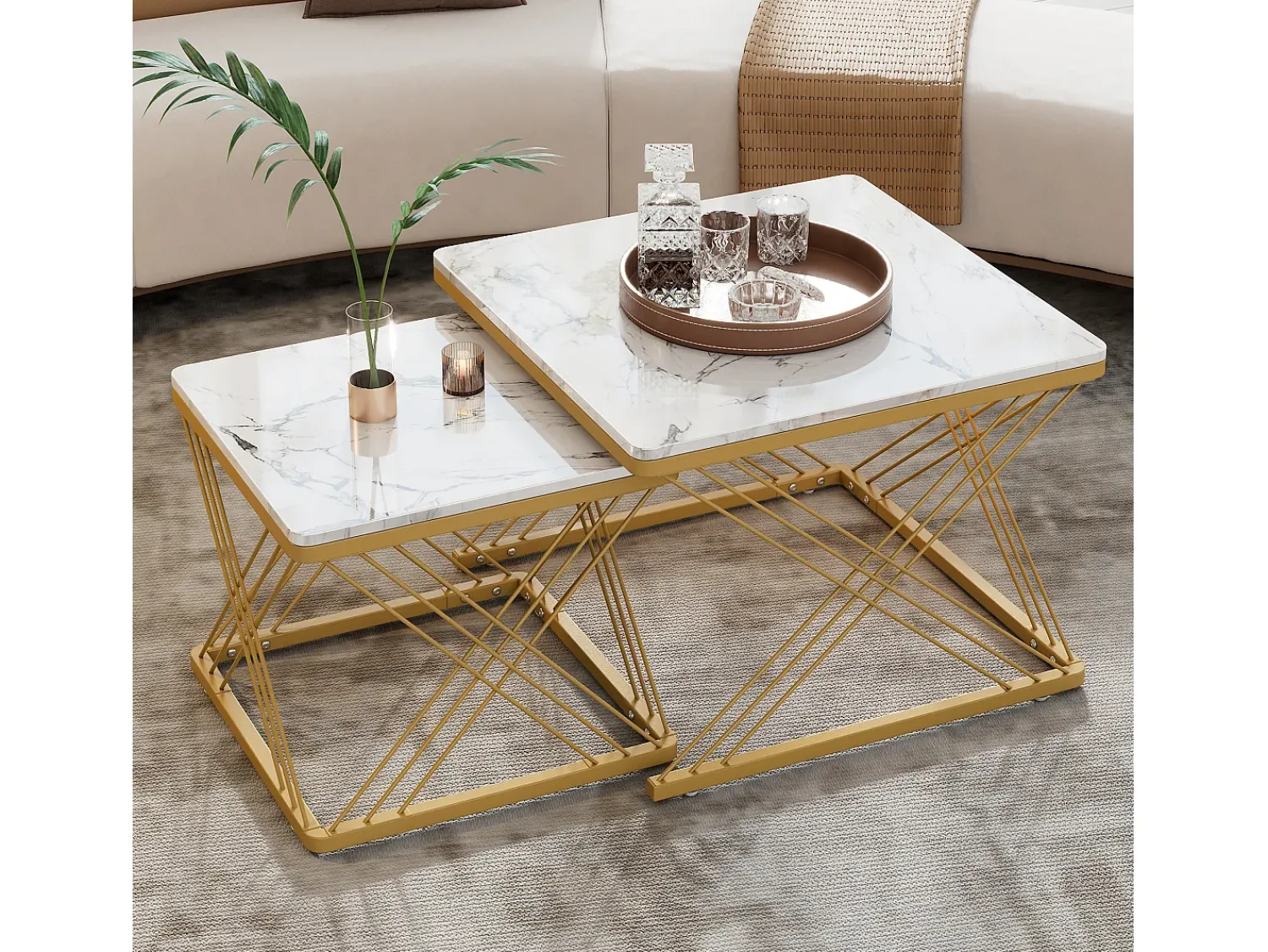 Online Merax Conjunto de 2 mesas de centro quadradas - 60x60x45 +45x45x40 cm - Efeito mármore - Madeira MDF e metal - + dourado Branco