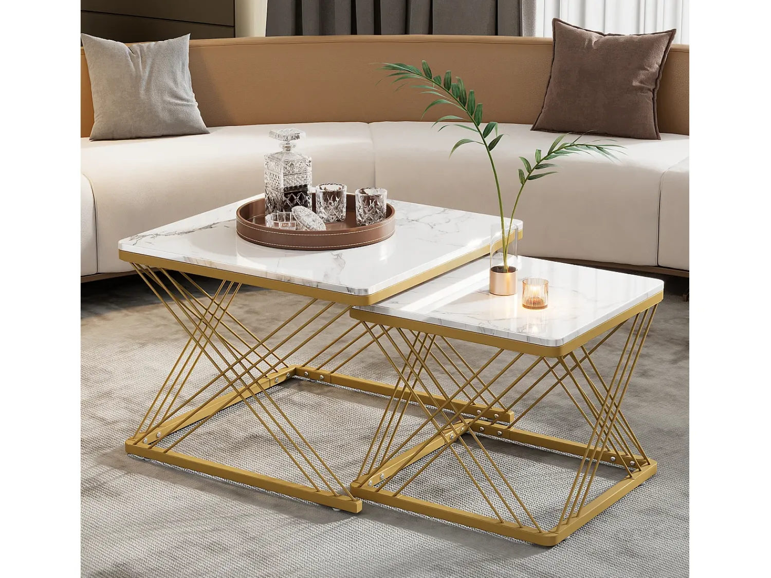 Online Merax Conjunto de 2 mesas de centro quadradas - 60x60x45 +45x45x40 cm - Efeito mármore - Madeira MDF e metal - + dourado Branco