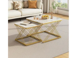 Online Merax Conjunto de 2 mesas de centro quadradas - 60x60x45 +45x45x40 cm - Efeito mármore - Madeira MDF e metal - + dourado Branco