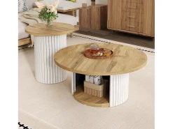 Merax Conjunto de 2 mesas de centro com tampos de madeira - mesa de sala de estar com espaço de armazenamento - MDF - cor natural^ Mesa De Centro