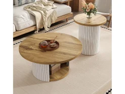 Merax Conjunto de 2 mesas de centro com tampos de madeira - mesa de sala de estar com espaço de armazenamento - MDF - cor natural^ Mesa De Centro