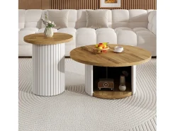Merax Conjunto de 2 mesas de centro com tampos de madeira - mesa de sala de estar com espaço de armazenamento - MDF - cor natural^ Mesa De Centro