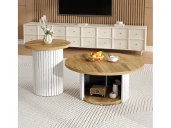 Merax Conjunto de 2 mesas de centro com tampos de madeira - mesa de sala de estar com espaço de armazenamento - MDF - cor natural^ Mesa De Centro