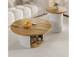 Merax Conjunto de 2 mesas de centro com tampos de madeira - mesa de sala de estar com espaço de armazenamento - MDF - cor natural^ Mesa De Centro