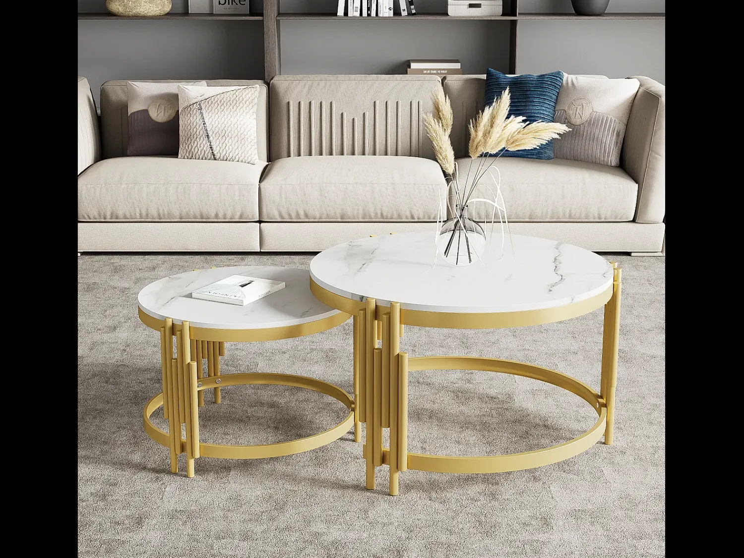 Conjunto de 2 mesas de centro encaixáveis, mesa redonda, efeito mármore, estrutura em metal dourado, D71,5x44+P51,5x37cm^ Mesa De Centro
